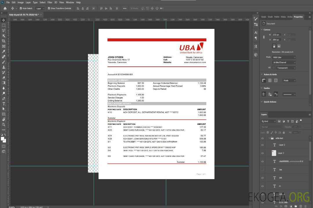 Relevé bancaire Cameroun UBA modèle facile à remplir au format Excel et PDF template